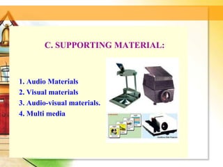 C. SUPPORTING MATERIAL:
1. Audio Materials
2. Visual materials
3. Audio-visual materials.
4. Multi media
 