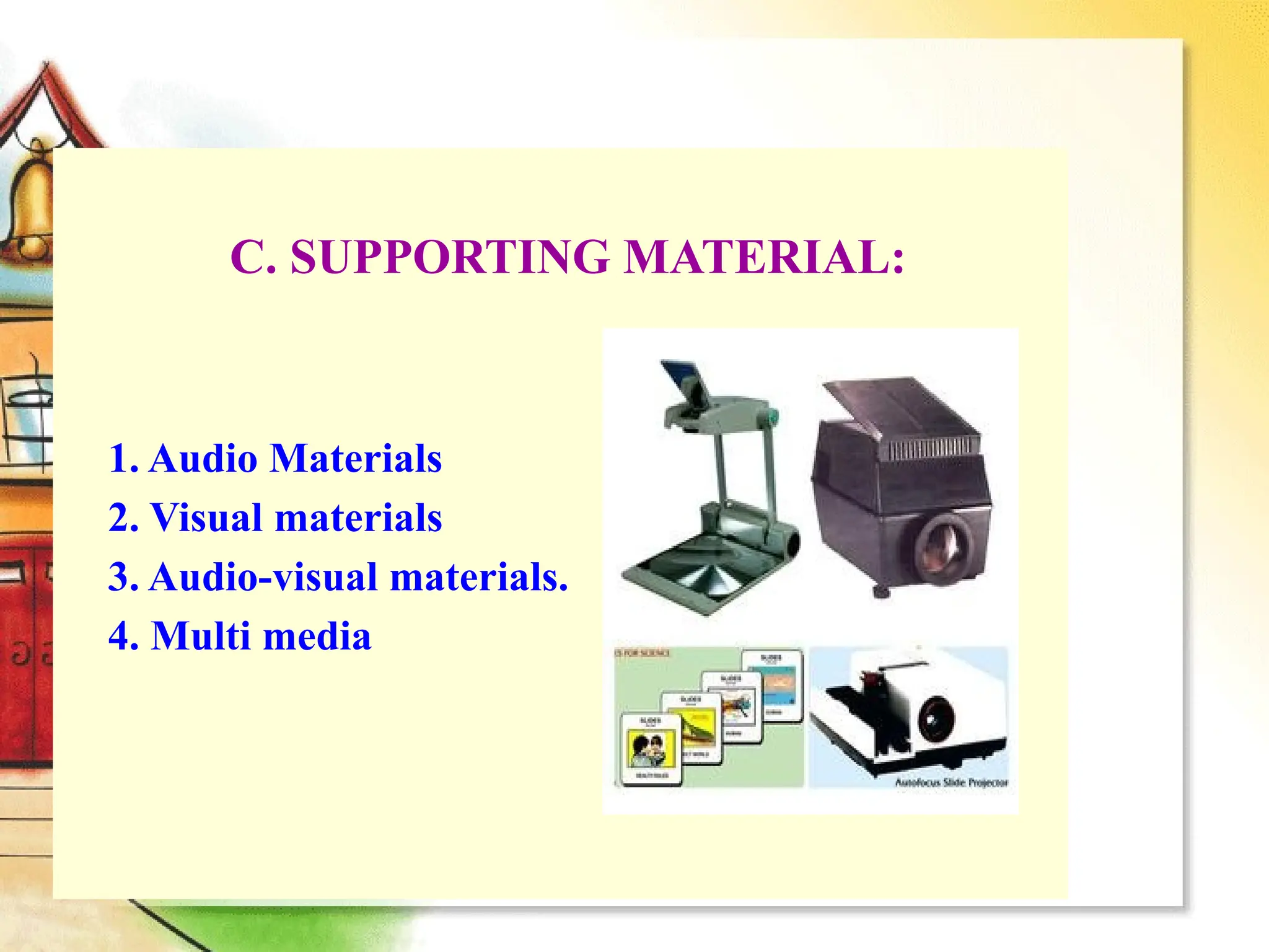 C. SUPPORTING MATERIAL:
1. Audio Materials
2. Visual materials
3. Audio-visual materials.
4. Multi media
 