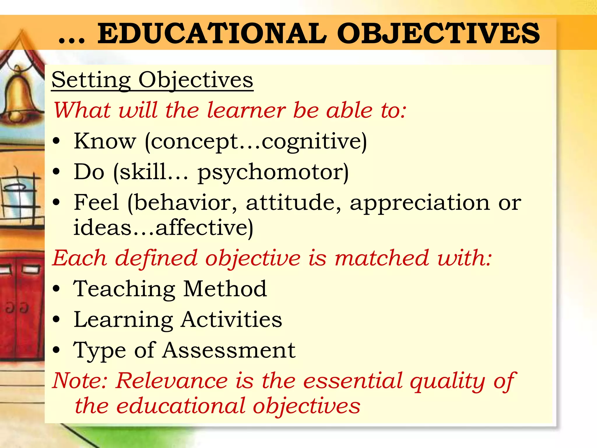 … EDUCATIONAL OBJECTIVES
Setting Objectives
What will the learner be able to:
• Know (concept…cognitive)
• Do (skill… psychomotor)
• Feel (behavior, attitude, appreciation or
ideas…affective)
Each defined objective is matched with:
• Teaching Method
• Learning Activities
• Type of Assessment
Note: Relevance is the essential quality of
the educational objectives
 