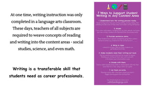 At one time, writing instruction was only
completed in a language arts classroom.
These days, teachers of all subjects are
required to weave concepts of reading
and writing into the content areas - social
studies, science, and even math.
Writing is a transferable skill that
students need as career professionals.
 