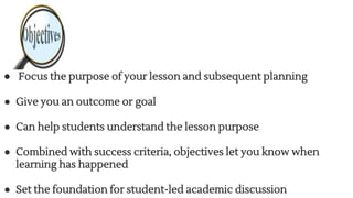 ● Focus the purpose of your lesson and subsequent planning
● Give you an outcome or goal
● Can help students understand the lesson purpose
● Combined with success criteria, objectives let you know when
learning has happened
● Set the foundation for student-led academic discussion
 