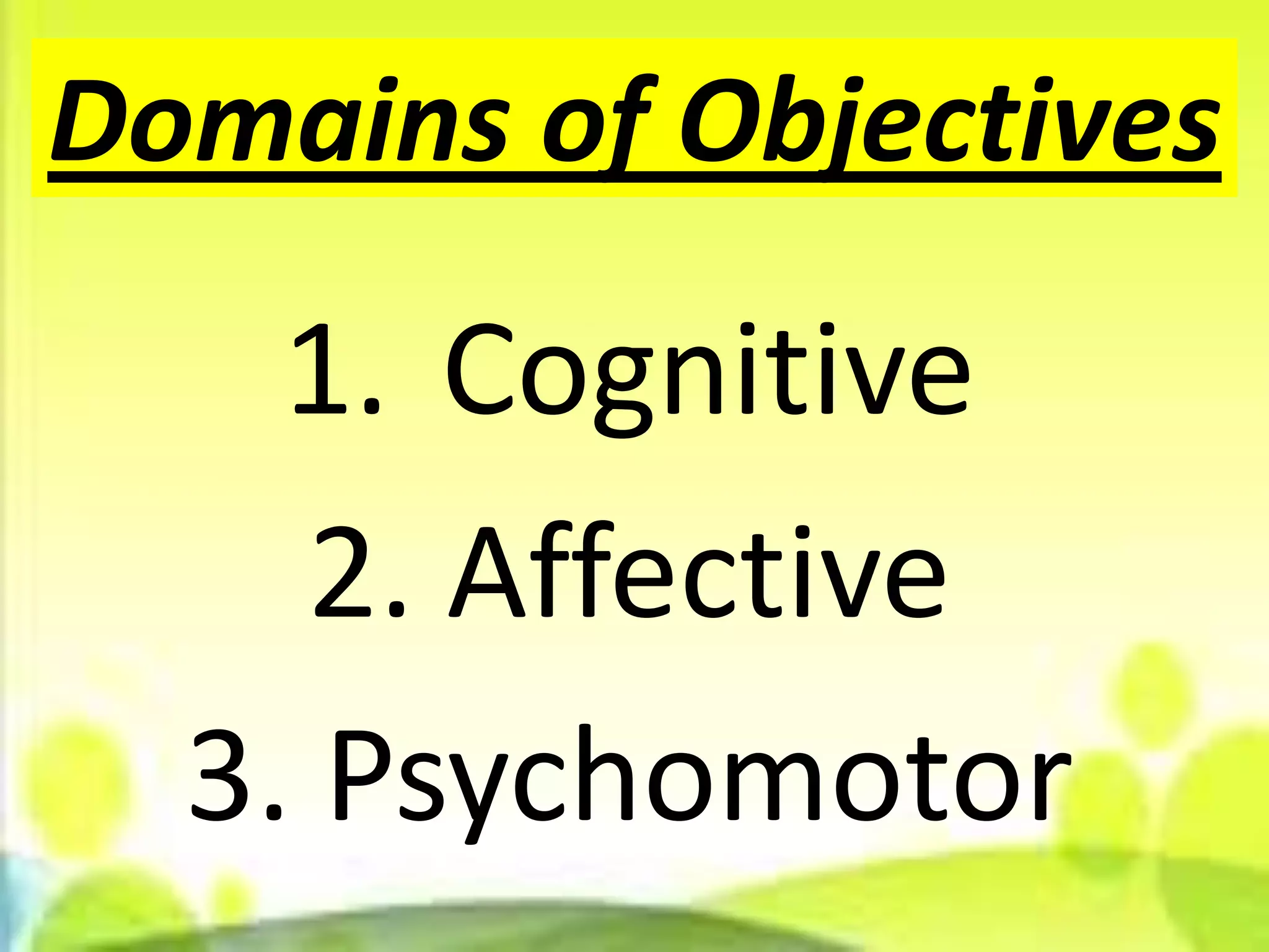 Domains of Objectives
    1. Cognitive
    2. Affective
  3. Psychomotor
 