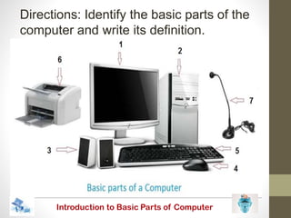 Directions: Identify the basic parts of the
computer and write its definition.
 