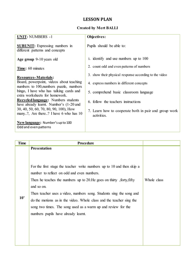 Lesson Plan Numbers 1 10