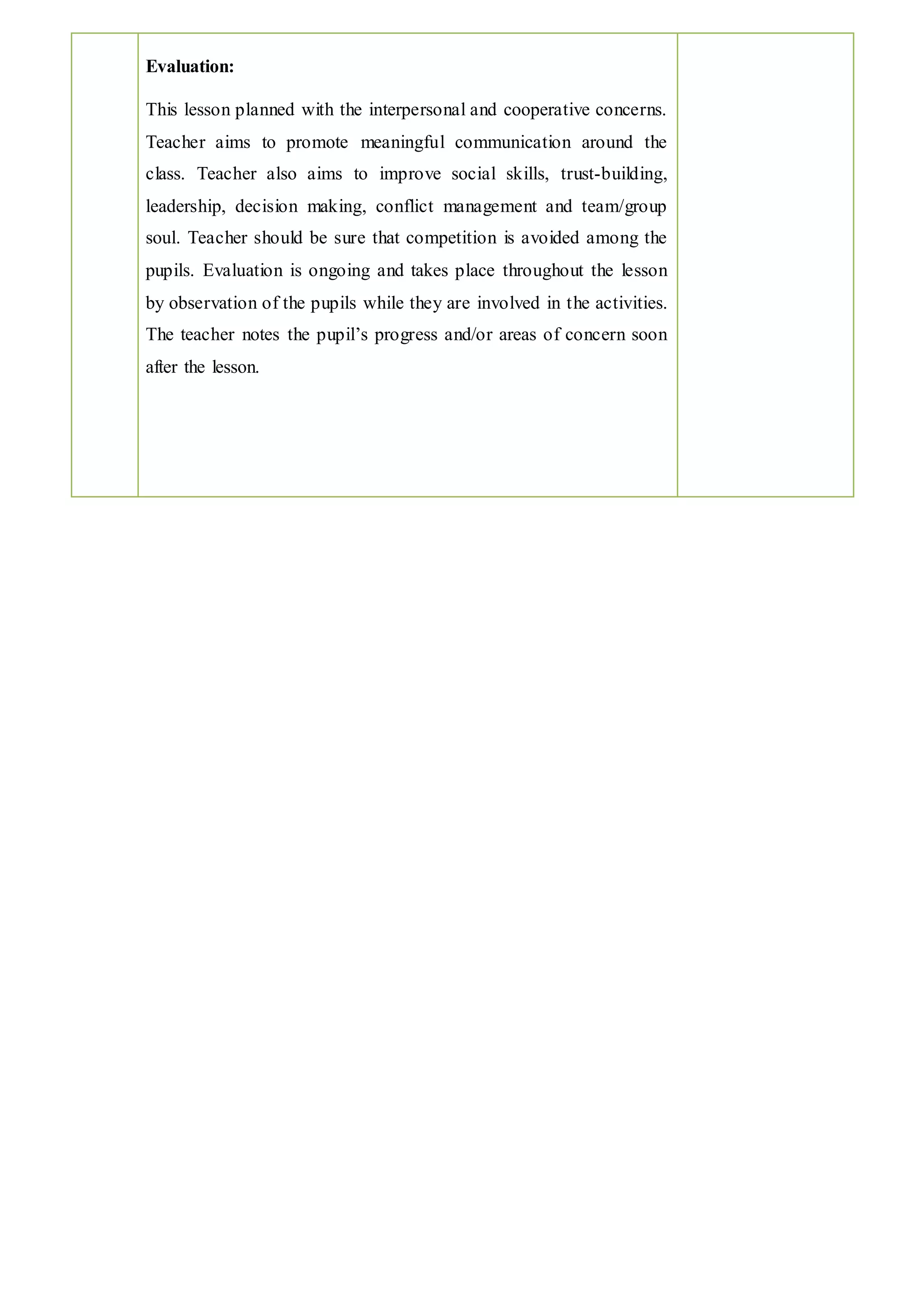 Evaluation:
This lesson planned with the interpersonal and cooperative concerns.
Teacher aims to promote meaningful communication around the
class. Teacher also aims to improve social skills, trust-building,
leadership, decision making, conflict management and team/group
soul. Teacher should be sure that competition is avoided among the
pupils. Evaluation is ongoing and takes place throughout the lesson
by observation of the pupils while they are involved in the activities.
The teacher notes the pupil’s progress and/or areas of concern soon
after the lesson.
 