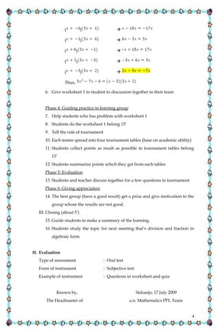 Lesson plan of algebraic factorization | DOC