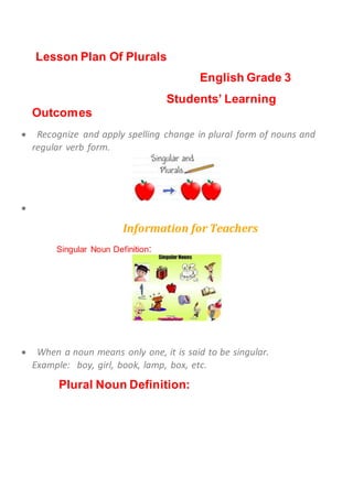 Lesson Plan Of Plurals
English Grade 3
Students’ Learning
Outcomes
 Recognize and apply spelling change in plural form of nouns and
regular verb form.

Information for Teachers
Singular Noun Definition:
 When a noun means only one, it is said to be singular.
Example: boy, girl, book, lamp, box, etc.
Plural Noun Definition:
 