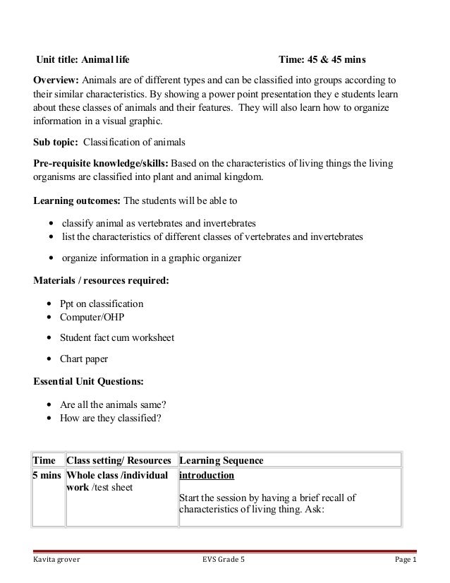characteristics kindergarten animal worksheet on animals plan classification Lesson of