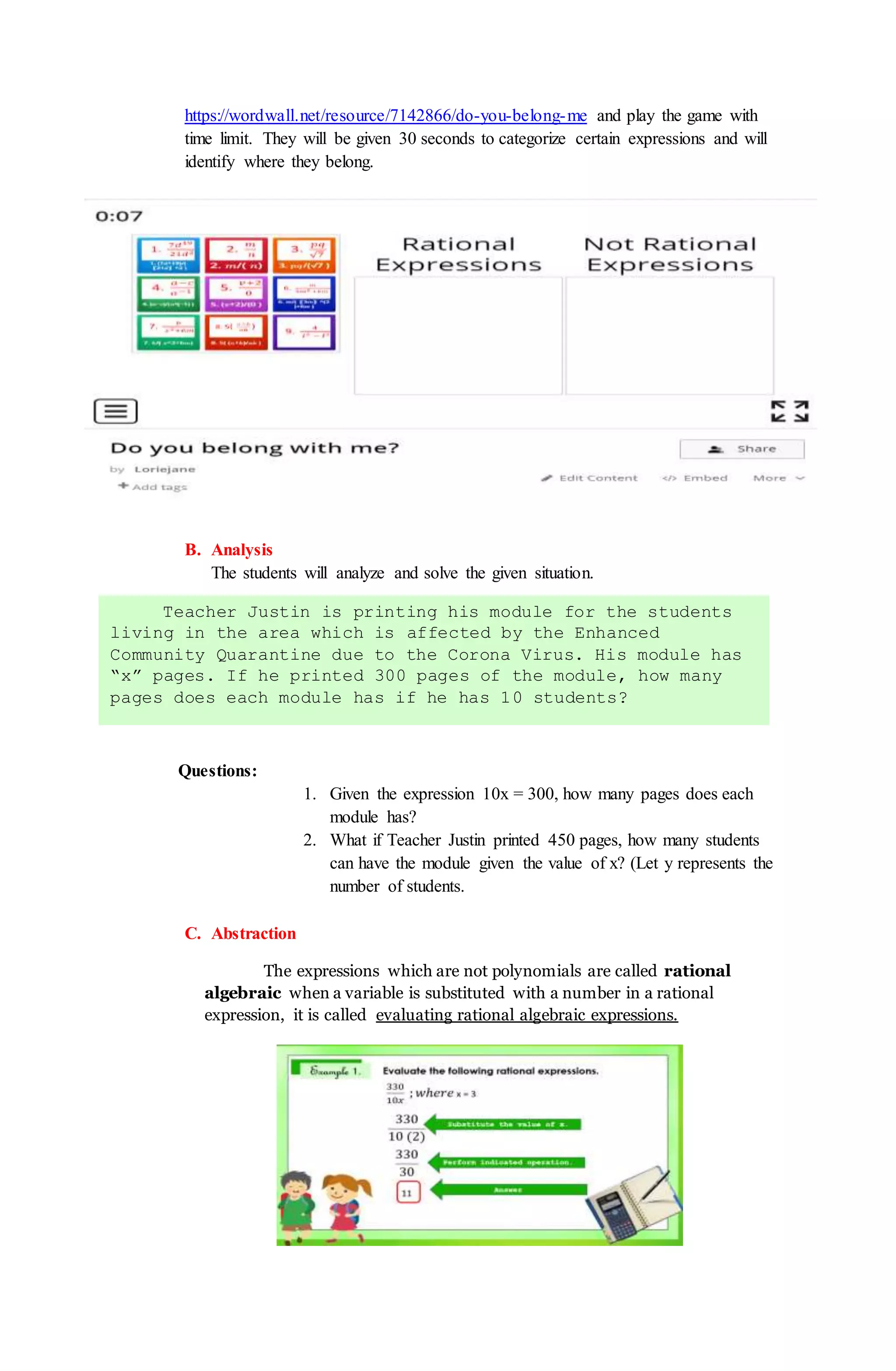 Lesson plan on Evaluating Rational Algebraic Expression | DOCX