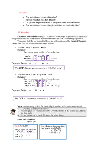 Lesson plan on factoring polynomial with common monomial factor | PDF