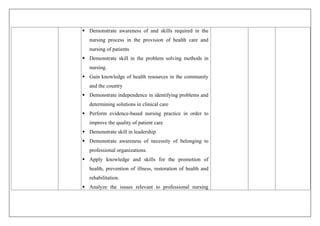  Demonstrate awareness of and skills required in the
nursing process in the provision of health care and
nursing of patients
 Demonstrate skill in the problem solving methods in
nursing.
 Gain knowledge of health resources in the community
and the country
 Demonstrate independence in identifying problems and
determining solutions in clinical care
 Perform evidence-based nursing practice in order to
improve the quality of patient care
 Demonstrate skill in leadership
 Demonstrate awareness of necessity of belonging to
professional organizations.
 Apply knowledge and skills for the promotion of
health, prevention of illness, restoration of health and
rehabilitation.
 Analyze the issues relevant to professional nursing
 