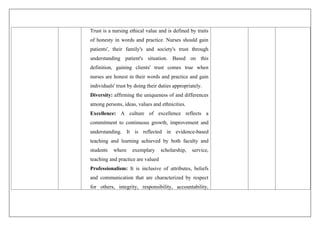 Trust is a nursing ethical value and is defined by traits
of honesty in words and practice. Nurses should gain
patients', their family's and society's trust through
understanding patient's situation. Based on this
definition, gaining clients' trust comes true when
nurses are honest in their words and practice and gain
individuals' trust by doing their duties appropriately.
Diversity: affirming the uniqueness of and differences
among persons, ideas, values and ethnicities.
Excellence: A culture of excellence reflects a
commitment to continuous growth, improvement and
understanding. It is reflected in evidence-based
teaching and learning achieved by both faculty and
students where exemplary scholarship, service,
teaching and practice are valued
Professionalism: It is inclusive of attributes, beliefs
and communication that are characterized by respect
for others, integrity, responsibility, accountability,
 
