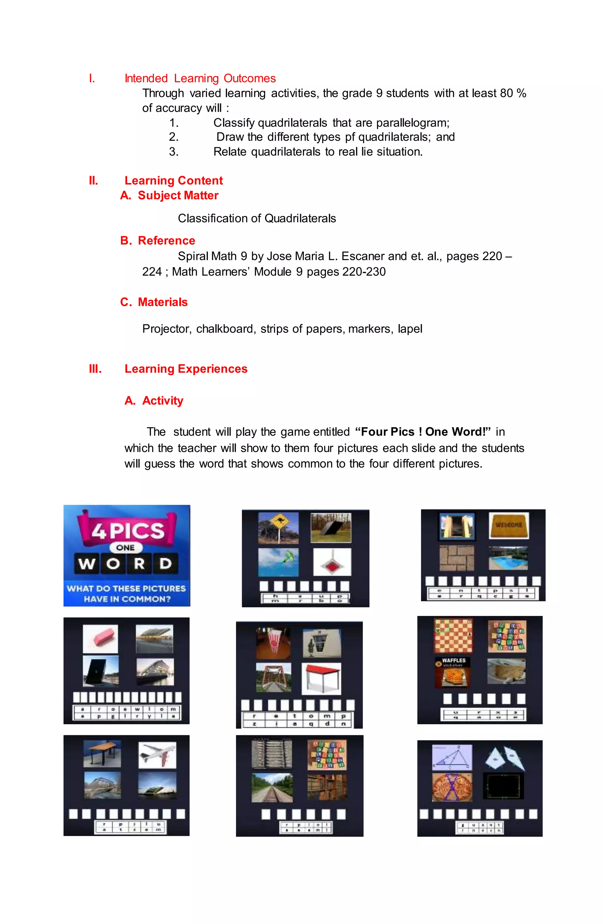 Lesson Plan On Types Of Quadrilaterals Docx