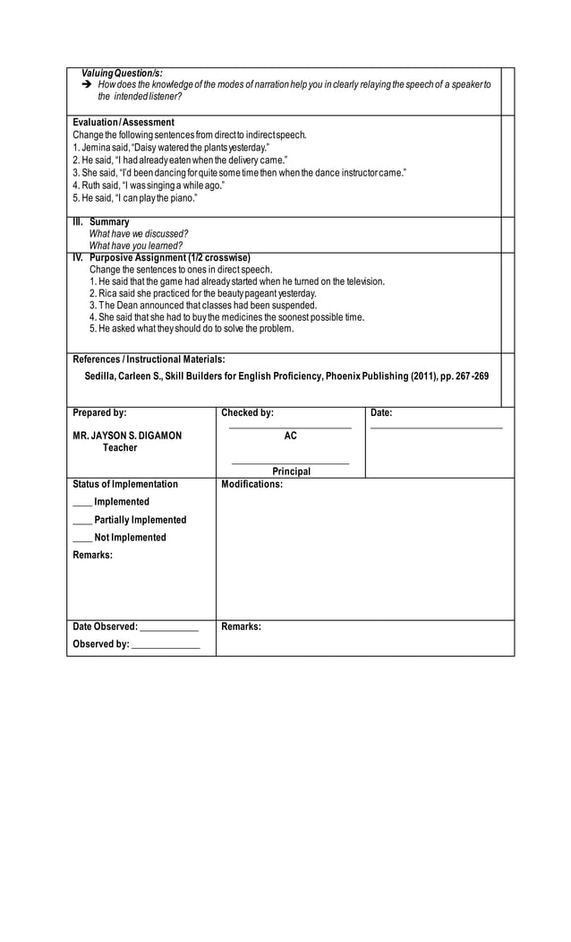 Lesson Plan On Reported And Direct Speech