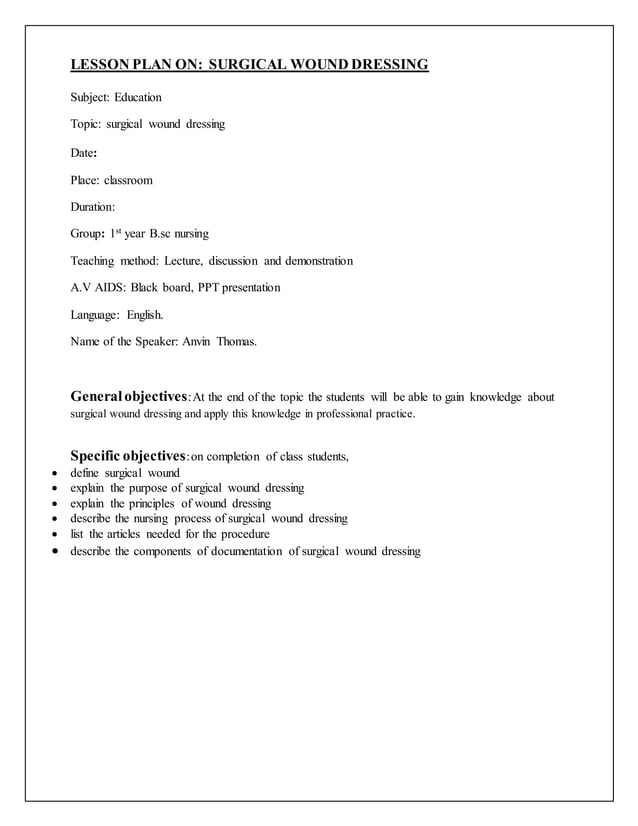 Lesson plan on surgical wound dressing