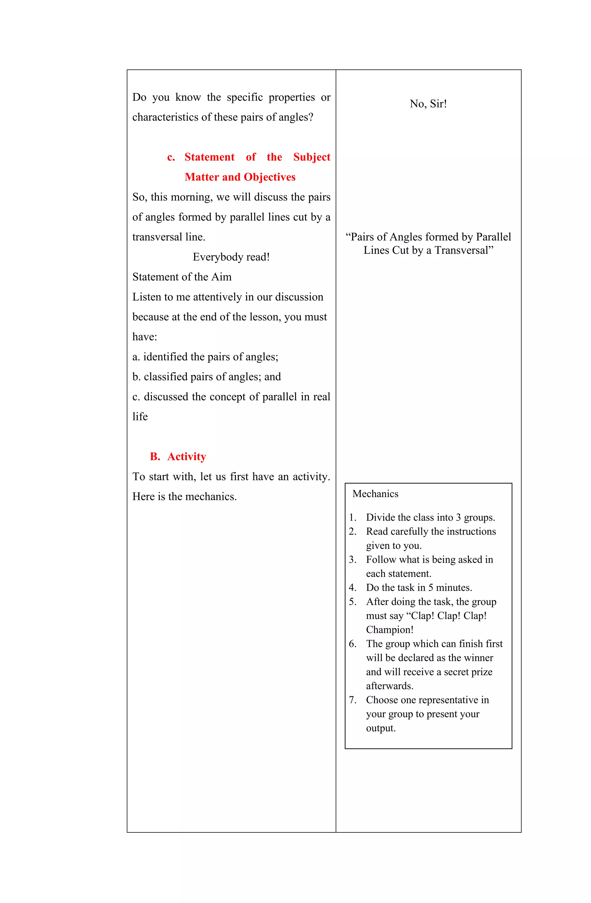 5As Lesson Plan on Pairs of Angles Formed by Parallel Lines Cut by a ...