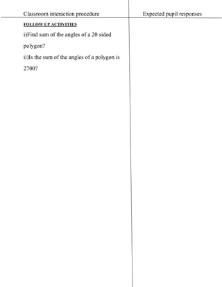 Classroom interaction procedure Expected pupil responses
FOLLOW UP ACTIVITIES
i)Find sum of the angles of a 20 sided
polygon?
ii)Is the sum of the angles of a polygon is
2700?
 
