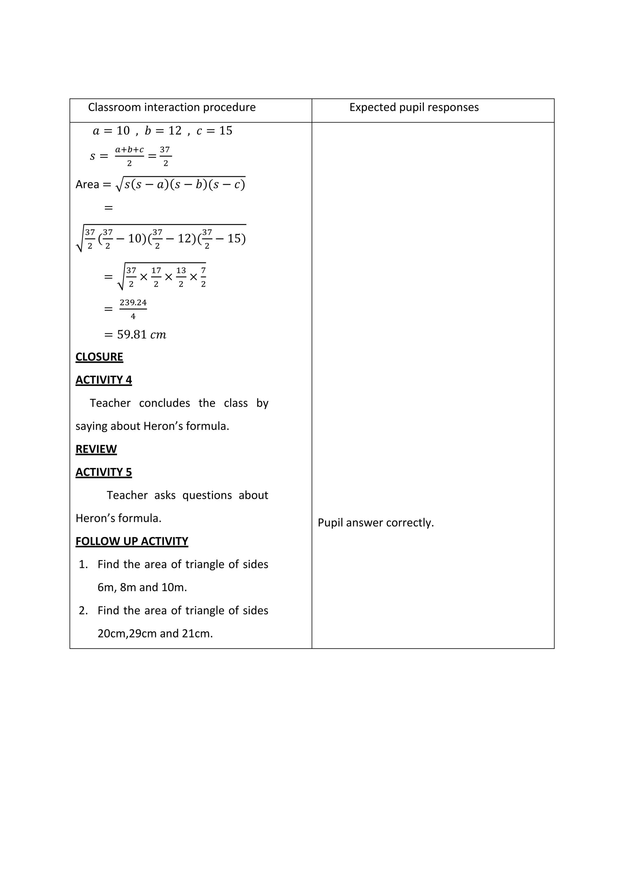 Classroom interaction procedure Expected pupil responses
𝑎 = 10 , 𝑏 = 12 , 𝑐 = 15
𝑠 =
𝑎+𝑏+𝑐
2
=
37
2
Area = √𝑠(𝑠 − 𝑎)(𝑠 − 𝑏)(𝑠 − 𝑐)
=
√
37
2
(
37
2
− 10)(
37
2
− 12)(
37
2
− 15)
= √
37
2
×
17
2
×
13
2
×
7
2
=
239.24
4
= 59.81 𝑐𝑚
CLOSURE
ACTIVITY 4
Teacher concludes the class by
saying about Heron’s formula.
REVIEW
ACTIVITY 5
Teacher asks questions about
Heron’s formula.
FOLLOW UP ACTIVITY
1. Find the area of triangle of sides
6m, 8m and 10m.
2. Find the area of triangle of sides
20cm,29cm and 21cm.
Pupil answer correctly.
 