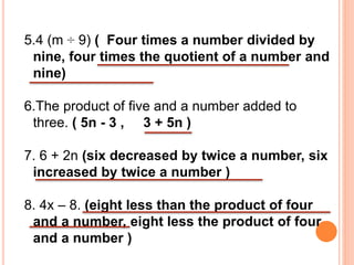 5.4 (m ÷ 9) ( Four times a number divided by
nine, four times the quotient of a number and
nine)
6.The product of five and a number added to
three. ( 5n - 3 , 3 + 5n )
7. 6 + 2n (six decreased by twice a number, six
increased by twice a number )
8. 4x – 8. (eight less than the product of four
and a number, eight less the product of four
and a number )
 