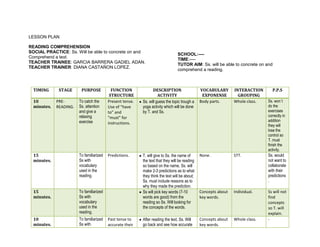 LESSON PLAN<br />SCHOOL:----TIME:----TUTOR AIM: Ss. will be able to concrete on and comprehend a reading.READING COMPREHENSION<br />SOCIAL PRACTICE: Ss. Will be able to concrete on and <br />Comprehend a text.<br />TEACHER TRAINEE: GARCIA BARRERA GADIEL ADAN.<br />TEACHER TRAINER: DIANA CASTAÑON LOPEZ.<br />TIMINGSTAGEPURPOSEFUNCTIONSTRUCTUREDESCRIPTION ACTIVITYVOCABULARY EXPONENSEINTERACTIONGROUPINGP.P.S10 minutes.PRE-READING.To catch the Ss. attention and give a relaxing exercisePresent tense.Use of “have to” and “must” for instructions.Ss. will guess the topic trough a yoga activity which will be done by T. and Ss. Body parts.Whole class.Ss. won´t  do the exercises correctly in addition they will lose the control so T. must finish the activity.15 minutes.To familiarized Ss with vocabulary used in the reading.Predictions.T. will give to Ss. the name of the text that they will be reading so based on the name, Ss. will make 2-3 predictions as to what they think the text will be about; Ss. must include reasons as to why they made the prediction.None.STT.Ss. would not want to collaborate with their predictions.15 minutes.To familiarized Ss with vocabulary used in the reading.Ss will pick key words (7-10 words are good) from the reading so Ss. Will looking for the concepts of the words.Concepts about key words.Individual.Ss will not find concepts so T. will explain.10 minutes.To familiarized Ss with vocabulary used in the reading.Past tense to accurate their predictions.After reading the text, Ss. Will go back and see how accurate their predictions were.Concepts about key words.Whole class.-<br />