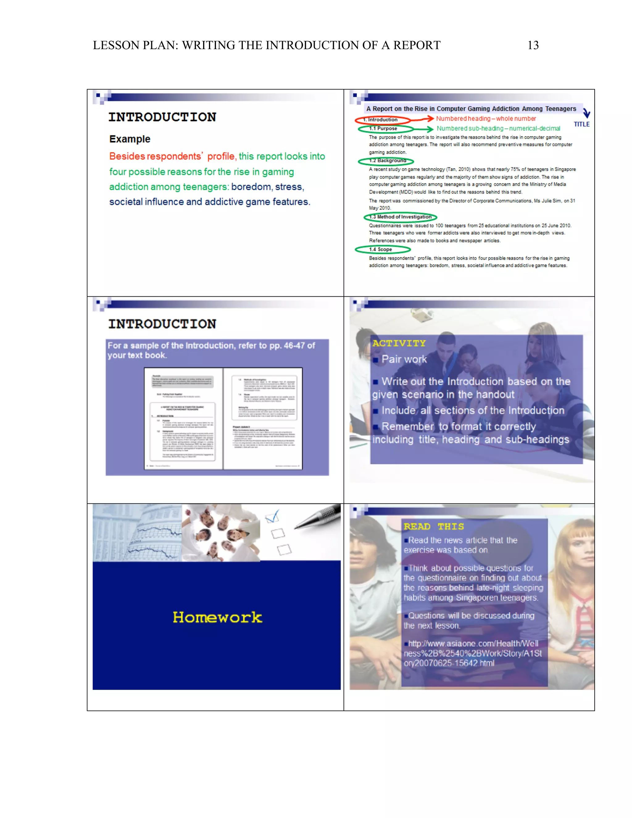 LESSON PLAN: WRITING THE INTRODUCTION OF A REPORT 
13 
