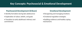 Key Concepts: Psychosocial & Emotional Development
Psychosocial Development (Erikson)
• Identity formation during late adolescence
• Exploration of values, beliefs, and goals
• Transition to early adulthood: intimacy and
commitment
Emotional Development
• Recognizing and managing emotions
• Emotional regulation strategies
• Building resilience and healthy coping
mechanisms
 