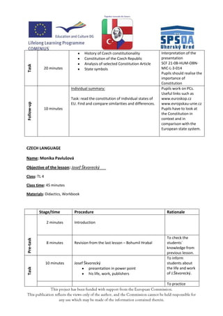 History of Czech constitutionality            Interpretation of the
                                   Constitution of the Czech Republic            presentation
                                   Analysis of selected Constitution Article     SCF 21-0B-HUM-OBN-
Task




              20 minutes           State symbols                                 MIC-L-3-014
                                                                                 Pupils should realise the
                                                                                 importance of
                                                                                 Constitution
                           Individual summary:                                   Pupils work on PCs.
                                                                                 Useful links such as
                           Task: read the constitution of individual states of   www.euroskop.cz
Follow-up




                           EU. Find and compare similarities and differences.    www.evropskau-unie.cz
              10 minutes                                                         Pupils have to look at
                                                                                 the Constitution in
                                                                                 context and in
                                                                                 comparison with the
                                                                                 European state system.



CZECH LANGUAGE

Name: Monika Pavlušová

Objective of the lesson: Josef Škvorecký
Class: TL 4

Class time: 45 minutes

Materials: Didactics, Workbook



            Stage/time       Procedure                                              Rationale

               2 minutes     Introduction


                                                                                    To check the
Pre-task




               8 minutes     Revision from the last lesson – Bohumil Hrabal         students´
                                                                                    knowledge from
                                                                                    previous lesson.
                                                                                    To inform
              10 minutes     Josef Škvorecký                                        students about
                                      presentation in power point                   the life and work
Task




                                      his life, work, publishers                    of J.Škvorecký.

                                                                                    To practice
 