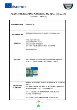 HEALTH ACTIONS PROMOTING THE PHYSICAL, EMOTIONAL AND SOCIAL
(ERASMUS+ HAPPENS)
NOM DE L’ACTIVITAT EMOCIÒMETRE
INTENCIONALITAT
FER CONSCIENTSALSINFANTSDE LA PERTINENÇA ALGRUP
OBJECTIUS
VERBALITZAREMOCIONS
COMPARTIRESTATS D’ÀNIM
CREAR CONSCIÈNCIA DEGRUP
RESSOLDRE POSSIBLESCONFLICTESO SITUACIONS
ARRIBARA ACORDS
MATERIAL CAROLINA AMBLES ICONESD’EMOCIONSBÀSIQUESAMB UNA
PEÇA QUE ES POT CÒRRER PER DETERMINAR L’EMOCIÓ
DESCRIPCIÓ DE
L’ACTIVITAT.
DURANT L’ASSEMBLEA ES DEMANA ALS INFANTSCOM ES SENTEN I
PER QUÈ.
FINALMENTFAREMEL RECOMPTE DE LES DIFERENTS EMOCIONSI
DECIDIREMQUIN ÉS L’ESTAT D’ÀNIMGENERAL.
SI HI HA ALGUN CASDE TRISTESA O POR, PODEMBUSCAR
MANERES D’AJUDAR-NOS.
POT SER MOLT ADIENTEN SITUACIONSDE CONFLICTES
 