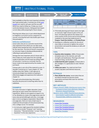 http://www.byui.edu/learning-and-teaching/instructional-tools
©Copyright 2016 BYU–Idaho 08/18/16
time available so that the most important activities
don’t get pushed aside. It reminds you of the quiet
student you need to call upon and the one with
whom you need to follow up. It helps you insure
continuity between lessons, linking past learning to
current ideas while preparing for future classes.
Planning even allows you or your whole department
to integrate a curriculum across a sequence of
courses, ensuring that each class builds upon those
that preceded it.
Reflection and Refinement
Lesson plans also act as a concrete record of the
class experience from which you can take notes,
indicate what worked last time, and polish the plan
for the next time. This kind of record is necessary if
an instructor hopes to develop professionally by
reflecting on past performance.
Perhaps the most important role of a lesson plan is
that it helps you move away from the coverage
model of education and the teach-by-telling model
of instruction. It serves as a reminder that the
lesson needs to be experienced by the student, not
just heard.
A lesson plan is not a list of the material to cover. It
shouldn’t remind you to “cover chapter 12”; the
syllabus does that. Rather, it will urge you to
consciously design how students are going to
effectively engage and experience the material in
chapter 12.
Through instructional planning, information
becomes the precursor to learning rather than its
substitute.
TEACH ONE
ANOTHER/PONDER
PREPARE PROVE
Week
#
Date Outcomes Topics & Activities Preparation
Assignment
Due
Today
• If formally planning each lesson seems too rigid,
an instructor might choose to plan at the unit
level. Unit planning captures the sweep of an
entire section of the course and can be profitably
modeled on the learning model process of
Prepare, Teach One Another, and Ponder/Prove.
• Deciding on a reflection activity for the end of
class helps an instructor to tighten the content
presentation and avoid the tendency to talk until
the time is up.
TIPS
• Examine other templates. 1000s of lesson plan
templates exist on the internet, each with
strengths and weaknesses. Planning is the most
important thing, not the form itself.
• Understand the plan’s purpose. A lesson plan is
like a budget; it is a good place to start. Remain
flexible.
• Utilize your peers. You need not start from
scratch; tap peers and Internet resources.
PITFALLS
• Plans dictate the course. Lesson plans that are
too detail-oriented can become overly
prescriptive and leave little room for real-time
adjustments.
KEY ARTICLES
Prégent, Richard. (2000). Charting your course: How
to prepare to teach more effectively. Madison,
Wisconsin: Atwood Publishing.
Skowron, Janice. (2006). Powerful lesson planning:
Every teacher’s guide to effective instruction.
Thousand Oaks, California: Corwin Press.
RESOURCES
• Lesson Plan Template
• Lesson Plan Template Variation
• Lesson Plan Template Pathwise
• Lesson Plan Template Stopme+
• Board Plan Template
EXAMPLE
For many instructors in higher education, lesson
planning can seem overly time-intensive if not
superfluous. While no one expects an expert in his
or her discipline to create a five-page lesson plan for
every class period (although some do), a one-page
plan is not an outrageous expectation. Beyond the
one-page plan, there are many simple ways to
implement the principles of instructional planning
into a college course. For example:
• An instructor might expand the standard syllabus
columns to include “Purposes” and “Learning
Outcomes,” “Planned Activities,” or even “Central
Questions” to the class experience.
 