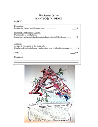 The Scarlet Letter
                           WHAT DOES “A” MEAN?
RUBRIC

Decoration:
Reflects the chosen word in some aspect …………….                            ____/ 4

Word and Text Evidence / Quote:
Quote relates to word chosen.
Quote is correctly quoted and punctuated according to MLA format ……. ____ / 5


Analysis:
At least five sentences in the paragraph.
Clearly AND insightfully analyzes how this word is related to the story …. ____ / 6

TOTAL:                                                                  _____/ 15

Comment:
___________________________________________________________________
___________________________________________________________________
 