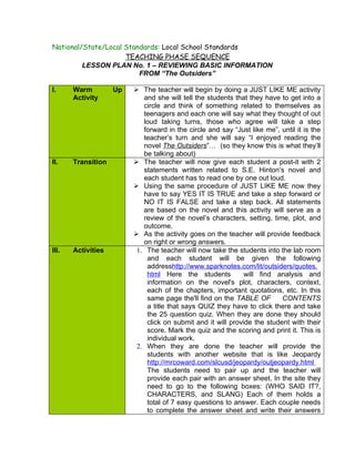 National/State/Local Standards: Local School Standards
                     TEACHING PHASE SEQUENCE
         LESSON PLAN No. 1 – REVIEWING BASIC INFORMATION
                         FROM “The Outsiders”

I.     Warm         Up    The teacher will begin by doing a JUST LIKE ME activity
       Activity             and she will tell the students that they have to get into a
                            circle and think of something related to themselves as
                            teenagers and each one will say what they thought of out
                            loud taking turns, those who agree will take a step
                            forward in the circle and say “Just like me”, until it is the
                            teacher’s turn and she will say “I enjoyed reading the
                            novel The Outsiders”… (so they know this is what they’ll
                            be talking about)
II.    Transition         The teacher will now give each student a post-it with 2
                            statements written related to S.E. Hinton’s novel and
                            each student has to read one by one out loud.
                          Using the same procedure of JUST LIKE ME now they
                            have to say YES IT IS TRUE and take a step forward or
                            NO IT IS FALSE and take a step back. All statements
                            are based on the novel and this activity will serve as a
                            review of the novel’s characters, setting, time, plot, and
                            outcome.
                          As the activity goes on the teacher will provide feedback
                            on right or wrong answers.
III.   Activities         1. The teacher will now take the students into the lab room
                             and each student will be given the following
                             addresshttp://www.sparknotes.com/lit/outsiders/quotes.
                             html Here the students           will find analysis and
                             information on the novel's plot, characters, context,
                             each of the chapters, important quotations, etc. In this
                             same page the'll find on the TABLE OF        CONTENTS
                             a title that says QUIZ they have to click there and take
                             the 25 question quiz. When they are done they should
                             click on submit and it will provide the student with their
                             score. Mark the quiz and the scoring and print it. This is
                             individual work.
                          2. When they are done the teacher will provide the
                             students with another website that is like Jeopardy
                             http://mrcoward.com/slcusd/jeopardy/outjeopardy.html
                             The students need to pair up and the teacher will
                             provide each pair with an answer sheet. In the site they
                             need to go to the following boxes: (WHO SAID IT?,
                             CHARACTERS, and SLANG) Each of them holds a
                             total of 7 easy questions to answer. Each couple needs
                             to complete the answer sheet and write their answers
 
