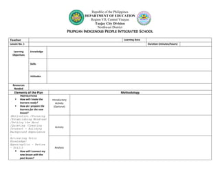 Republic of the Philippines 
DEPARTMENT OF EDUCATION 
Region VII, Central Visayas 
Tanjay City Division 
Northwest District 
PILIPIGAN INDIGENOUS PEOPLE INTEGRATED SCHOOL 
Teacher Learning Area 
Lesson No. 1 Duration (minutes/hours) 
Learning 
Objectives 
Knowledge 
Skills 
Attitudes 
Resources 
Needed 
Elements of the Plan Methodology 
PREPARATIONS 
 How will I make the 
learners ready? 
 How do I prepare the 
learners for the new 
lesson? 
(Motivation /Focusing 
/Establishing Mind-set 
/Setting the Mood 
/Quieting /Creating 
Interest - Building 
Background Experience 
– 
Activating Prior 
Knowledge/ 
Apperception - Review 
– Drill) 
 How will I connect my 
new lesson with the 
past lesson? 
Introductory 
Activity 
(Optional) 
Activity 
Analysis 
 