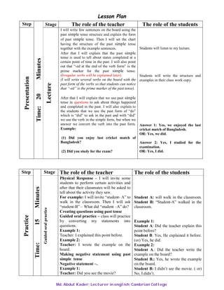 Sample Lesson Plan on Past Simple Tense | PDF