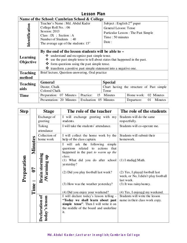 sample lesson plan on past simple tense