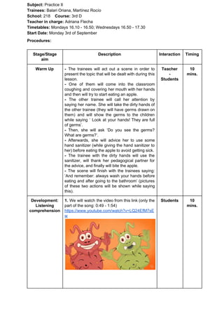 Subject: ​​Practice II
Trainees:​​ Balari Oriana, Martínez Rocío
School: ​​218 ​Course: ​​3rd D
Teacher in charge: ​​Adriana Flecha
Timetables: ​​Mondays 16.10 - 16.50; Wednesdays 16.50 - 17.30
Start Date:​​ Monday 3rd of September
Procedures:
Stage/Stage
aim
Description Interaction Timing
Warm Up - ​​The trainees will act out a scene in order to
present the topic that will be dealt with during this
lesson.
- ​​One of them will come into the classroom
coughing and covering her mouth with her hands
and then will try to start eating an apple.
- ​​The other trainee will call her attention by
saying her name. She will take the dirty hands of
the other trainee (they will have germs drawn on
them) and will show the germs to the children
while saying ‘ Look at your hands! They are full
of germs’.
- ​​Then, she will ask ‘Do you see the germs?
What are germs?’.
- ​​Afterwards, she will advice her to use some
hand sanitizer (while giving the hand sanitizer to
her) before eating the apple to avoid getting sick.
- ​​The trainee with the dirty hands will use the
sanitizer, will thank her pedagogical partner for
the advice, and finally will bite the apple.
- ​​The scene will finish with the trainees saying:
‘And remember: always wash your hands before
eating and after going to the bathroom’ (pictures
of these two actions will be shown while saying
this).
Teacher
-
Students
10
mins.
Development:
Listening
comprehension
1. We will watch the video from this link (only the
part of the song: 0:49 - 1:54)
https://www.youtube.com/watch?v=LQ24EfM7sE
w
Students 10
mins.
 