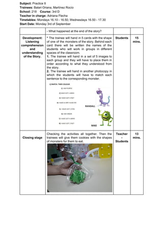 Subject: ​​Practice II
Trainees:​​ Balari Oriana, Martínez Rocío
School: ​​218 ​Course: ​​3rd D
Teacher in charge: ​​Adriana Flecha
Timetables: ​​Mondays 16.10 - 16.50; Wednesdays 16.50 - 17.30
Start Date:​​ Monday 3rd of September
- What happened at the end of the story?
Development:
Listening
comprehension
and
understanding
of the Story.
* ​​The trainee will hand in 5 cards with the shape
of one of the monsters of the story. Behind each
card there will be written the names of the
students who will work in groups in different
spaces of the classroom.
1. The trainee will hand in a set of 5 images to
each group and they will have to place them in
order according to what they understood from
the story.
2. ​​The trainee will hand in another photocopy in
which the students will have to match each
sentence to the corresponding monster.
Students 15
mins.
Closing stage
Checking the activities all together. Then the
trainees will give them cookies with the shapes
of monsters for them to eat.
Teacher
-
Students
13
mins.
 