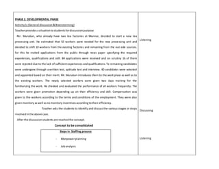 PHASE 2. DEVELOPMENTAL PHASE 
Activity 1. (General discussion & Brainstorming) 
Teacher provides a situation to students for discussion purpose 
Mr. Murukan, who already have two tea factories at Munnar, decided to start a new tea 
processing unit. He estimated that 50 workers were needed for the new processing unit and 
decided to shift 10 workers from the existing factories and remaining from the out side sources. 
for this he invited applications from the public through news paper specifying the required 
experiences, qualifications and skill. 84 applications were received and on scrutiny 16 of them 
were rejected due to the lack of sufficient experiences and qualifications. Te remaining candidates 
were undergone through a written test, aptitude test and interview. 40 candidates were selected 
and appointed based on their merit. Mr. Murukan introduces them to the work place as well as to 
the existing workers. The newly selected workers were given two days training for the 
familiarizing the work. He checked and evaluated the performance of all workers frequently. The 
workers were given promotion depending up on their efficiency and skill. Compensation was 
given to the workers according to the terms and conditions of the employment. They were also 
given monitory as well as no monitory incentives according to their efficiency. 
Teacher asks the students to identify and discuss the various stages or steps 
involved in the above case. 
After the discussion students are reached the concept. 
Concept to be consolidated 
Steps in Staffing process 
- Manpower planning 
- Job analysis 
Listening 
Discussing 
Listening 
 