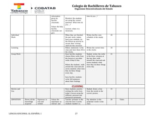 Colegio de Bachilleres de Tabasco 
Organismo Descentralizado del Estado 
information 
given by 
her/his 
classmate. 
Values the help 
her/his 
classmate can 
give. 
Monitors the students 
are using the correct 
question: What time do 
you…..? 
Corrects when it is 
necessary. 
LENGUA ADICIONAL AL ESPAÑOL 1 27 
time do you….? 
Individual 
Work 
When they are finished 
the pair work, makes 
have your students try 
the follow-up activity to 
review their writing 
skills for this structure 
Writes her/his own 
schedule in the empty 
box. 
10 
Listening Makes statements to the 
class and have them fill in 
the clocks. 
Writes the correct time 
in the clocks. 
10 
Group Work Have her/his students 
choose three verbs from 
the lesson or use other 
verbs if they’d like. 
Makes the students walk 
around the class and ask 
seven students what time 
they do these things 
every day. 
have her/his students 
write full sentences 
about their findings 
Student writes the verbs 
in the three columns at 
the top, then walk 
around the class and ask 
seven students what 
time they do these things 
every day. 
15 
CLOSING 
Review and 
Fun 
Have students practice 
writing the verbs from 
today’s lesson using the 
different personal and 
possessive pronouns. 
Student draws a line 
from the words to the 
correct picture. 
15 
EXPOSITION Shows all the 
knowledge 
acquired 
Expresses in 
oral and 
written 
Values the 
inportance to 
interact and 
Teacher presents to the 
class the best 5 works 
students handed in ; 
Pay attention to the 
projected works in the 
class. 
20 Video. 
 