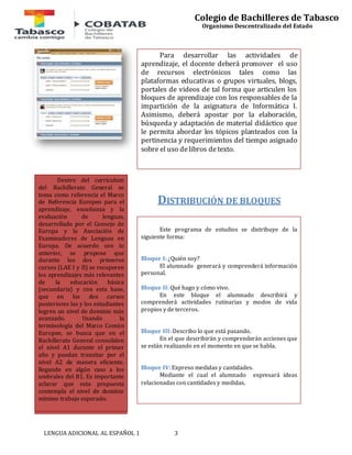 DISTRIBUCIÓN DE BLOQUES 
LENGUA ADICIONAL AL ESPAÑOL 1 3 
Colegio de Bachilleres de Tabasco 
Organismo Descentralizado del Estado 
Para desarrollar las actividades de 
aprendizaje, el docente deberá promover el uso 
de recursos electrónicos tales como las 
plataformas educativas o grupos virtuales, blogs, 
portales de videos de tal forma que articulen los 
bloques de aprendizaje con los responsables de la 
impartición de la asignatura de Informática I. 
Asimismo, deberá apostar por la elaboración, 
búsqueda y adaptación de material didáctico que 
le permita abordar los tópicos planteados con la 
pertinencia y requerimientos del tiempo asignado 
sobre el uso de libros de texto. 
Dentro del currículum 
del Bachillerato General se 
toma como referencia el Marco 
de Referencia Europeo para el 
aprendizaje, enseñanza y la 
evaluación de lenguas, 
desarrollado por el Consejo de 
Europa y la Asociación de 
Examinadores de Lenguas en 
Europa. De acuerdo con lo 
anterior, se propone que 
durante los dos primeros 
cursos (LAE I y II) se recuperen 
los aprendizajes más relevantes 
de la educación básica 
(secundaria) y con esta base, 
que en los dos cursos 
posteriores las y los estudiantes 
logren un nivel de dominio más 
avanzado. Usando la 
terminología del Marco Común 
Europeo, se busca que en el 
Bachillerato General consoliden 
el nivel A1 durante el primer 
año y puedan transitar por el 
nivel A2 de manera eficiente, 
llegando en algún caso a los 
umbrales del B1. Es importante 
aclarar que esta propuesta 
contempla el nivel de dominio 
mínimo trabajo esperado. 
evaluar la posibilidad de llegar 
a niveles de dominio más altos 
de acuerdo a cada contexto. 
Este programa de estudios se distribuye de la 
siguiente forma: 
Bloque I: ¿Quién soy? 
El alumnado generará y comprenderá información 
personal. 
Bloque II: Qué hago y cómo vivo. 
En este bloque el alumnado describirá y 
comprenderá actividades rutinarias y modos de vida 
propios y de terceros. 
Bloque III: Describo lo que está pasando. 
En el que describirán y comprenderán acciones que 
se están realizando en el momento en que se habla. 
Bloque IV: Expreso medidas y cantidades. 
Mediante el cual el alumnado expresará ideas 
relacionadas con cantidades y medidas. 
 