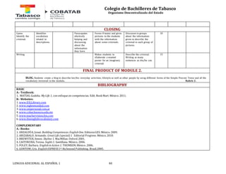 Colegio de Bachilleres de Tabasco 
Organismo Descentralizado del Estado 
CLOSING 
Game: 
Identify the 
criminal. 
Identifies 
vocabulary 
related to 
descriptions. 
Parucupates 
efectively 
helping and 
discussing 
about the 
information 
they have. 
Forms 8 teams and gives 
pictures to the students 
with the information 
about some criminals. 
LENGUA ADICIONAL AL ESPAÑOL 1 40 
Discusses in groups 
about the information 
given to describe the 
criminal in each group of 
pictures. 
10 
Writing Makes students to 
ellaborate a wanted 
poster for an imaginary 
criminal. 
Describe the criminal. 
Writing as many 
sentences as she/he can. 
15 
FINAL PRODUCT OF MODULE 2. 
BLOG. Students create a blog to describe her/his everyday activities, lifestyle as well as other people by using different forms of the Simple Present Tense and all the 
vocabulary reviewed in the module. Rubric 2. 
BIBLIOGRAPHY 
BASIC 
A.- Textbook: 
1. MATÍAS, Gudelia. My Life 1, con enfoque en competencias. Edit. Book Mart. México. 2011. 
B.- Websites: 
1. www.ESLLibrary.com 
2. www.inglesmundial.com 
3. www.ompersonal.com.ar 
4. www.cobachsonora.edu.mx 
5. www.teachervision.fen.com 
6. www.theenglishvocabulary.com 
COMPLEMENTARY 
A.- Books: 
1. ANZALDÚA, Josué. Building Competences. English One. Editores GES. México. 2009. 
2. ARIZABALO, Armando. Great Life (special) 1. Editorial Progreso. México. 2010. 
3. BREWSTER, Simon. Skyline 1. MacMillan. Oxford. 2001. 
4. CASTINEIRA, Teresa. Inglés 1. Santillana. México. 2006. 
5. FOLEY, Barbara. English in Action 1. THOMSON. México. 2006. 
6. GONTOW, Cris. English EXPRESS 1ª. Richmond Publishing. Brasil.2005. 
 