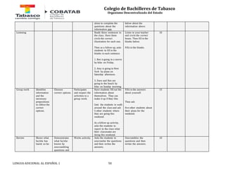 Colegio de Bachilleres de Tabasco 
Organismo Descentralizado del Estado 
alone to complete the 
questions about the 
information gap. 
LENGUA ADICIONAL AL ESPAÑOL 1 50 
below about the 
information above. 
Listening Reads these sentences to 
the class. Have them 
circle the correct 
illustration for each one. 
Then as a follow up, asks 
students to fill in the 
blanks in each sentence. 
1. Ben is going to a movie 
by bike on Friday. 
2. Amy is going to New 
York by plane on 
Saturday afternoon. 
3. Dave and Ben are 
going to the beach by 
bike on Sunday morning 
Listen to your teacher 
and circle the correct 
boxes. Then fill in the 
blanks below. 
Fills in the blanks. 
10 
Group work Identifies 
information 
and the 
necessary 
prepositions 
to chhise the 
correct 
options. 
Chooses 
correct options. 
Participates 
and respect the 
activities in a 
group work. 
Have students fill out the 
information about 
themselves. They can 
make it up if they like. 
Gets the students to walk 
around the class and ask 
5 other students where 
they are going this 
weekend. 
As a follow up activity, 
asks the students to 
report to the class what 
their classmates are 
doing this weekend. 
Fills in the answers 
about yourself. 
Then ask 
five other students about 
their plans for the 
weekend. 
15 
Review Shows what 
he/she has 
learnt so far. 
Demonstrates 
what he/she 
knows by 
unscrambling 
questions and 
Works actively. Asks the students to 
unscrambe the questions 
and then writes the 
answers. 
Unscrambles the 
questions and then 
writes the answers. 
10 
 