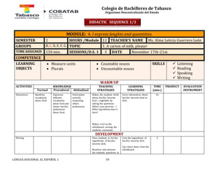 Colegio de Bachilleres de Tabasco 
Organismo Descentralizado del Estado 
MODULE: 4. I express lenghts and quantities. 
SEMESTER 1 HOURS /Module 12 TEACHER’S NAME Ms. Alma Leticia Guerrero León 
GROUPS B, C, D, E, F, G. TOPIC 1. A carton of milk, please! 
TIME ASSIGNED 150 min. SESSIONS/D.S. 1 3 DATE November 17th-21st. 
COMPETENCE 
LEARNING 
OBJECTS 
 Measure units 
 Plurals 
 Countable nouns 
 Uncountable nouns 
LENGUA ADICIONAL AL ESPAÑOL 1 59 
SKILLS 
 Listening 
 Reading 
 Speaking 
 Writing 
WARM UP 
ACTIVITIES 
KNOWLEDGE TEACHING 
STRATEGIES 
LEARNING 
STRATEGIES 
TIME 
(min.) 
PRODUCT 
EVALUATION 
Factual Procedural Attitudinal INSTRUMENT 
Brainstorm Identifies 
vocabulary 
about food. 
Expresses 
different 
vocabulary 
about food and 
shares her/his 
preferences 
about food. 
Participates 
actively, 
respecting 
others 
preferences. 
Makes the students think 
about her/his favorite 
fruit / vegetable by 
asking the questions: 
What’s your favorite….? 
What ingredients does it 
have? 
Makes a list on the 
whiteboard writing the 
students comments. 
Gives information about 
her/his favorite food or 
dish. 
10 
DEVELOPMENT 
Writing Have students to list the 
ingredients of her/his 
favorite dish. 
Monitors and answers 
the students questions to 
Lists the ingredients of 
her/his favorite dish. 
Can select items from the 
whiteboard. 
5 
DIDACTIC SEQUENCE 1/3 
 