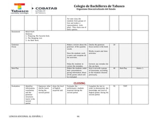 Colegio de Bachilleres de Tabasco 
Organismo Descentralizado del Estado 
For next class, the 
students form groups of 
four and makes a 
representation (role 
play). They choos one of 
three options. 
Homework ROLE PLAY. 
Situtions: 
1.- Preparing My Favorite Dish. 
2.- The Shopping List. 
3.- An Ideal Store. 
Grammar 
Focus 
Makes a review about the 
grammar of the quantity 
words. 
Have the students work 
in pairs and complete all 
the activities. 
Helps the students to 
correct the mistakes. 
LENGUA ADICIONAL AL ESPAÑOL 1 66 
Checks the grammar 
focus section in the book. 
Works in pairs and does 
activities. 
Corrects any mistake she 
/he can have. 
10 
Role Play Makes the students make 
their presentations, 
giving information about 
all the points which will 
be evaluated. 
Acts it out with a group 
of classmates, according 
to the situation choosen 
previously. 
40 Role Play Rubric 1. 
CLOSING 
Evaluation. Identifies 
information, 
voacbulary 
and the 
grammar 
structures 
learnt in the 
second 
partial 
Expresses what 
she/he learnt 
during the 
second partial. 
alues the level 
of English 
acquired and 
Evaluates the 
performance students 
acquired during the 
second partial. 
Complete the test in 
order to demonstrate the 
knowledge and level of 
English gotten during the 
second partial. 
50 TEST 
 