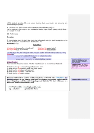 (While students practice, I'll move around checking their pronunciation and answering any
questions they may have)
T: Ok, time's over. Who wants to come to the front and perform the dialogue?
(As the students in this group are very participative I expect many of them to want to do it. I'll call 2
or 3 pairs to the front)
SS: Performance
Transition:
T: Let's give the kids a big clap!! Now, open your folders again and copy what I have written on the
board. I'll add some more information. It will look like this:
Written work: (10')
Polite Offers
Would you like to have a five-minute break? Would you like a sip of water?
Would you like to be my students? Would you like a new teacher?
Use Would you like...? to make polite offers. You can use this phrase to offer an action or a thing.
Notice that:
we use to + verb (to infinitive) when we ask about an action
and
we use (a/an) + noun when we ask about a thing or person
Written Practice
Read and circle the correct answer. (The first one will be done as an example on the board)
1. Would you like to / a know where your food comes from?
2. Would you like to / a delicious apple from South Africa?
3. Would you like to / a banana for a snack?
4. Would you like to / a bake a cake with me?
5. Would you like to / a piece of pizza?
Students will finish their work for next Tuesday if they can't finish in the allotted time time
allotted and they'll be also asked to think about the following and complete the chart with at
least 3 things they would like and 3 things they would like to do. This chart will be used as a
warm up to revisit polite offers next class.
e.g. a cell phone e.g. to travel to Disney
Comentario [A48]: Are they used to
working with these grammar rules?
Do they really need to copy them to
grasp the concept?
Comentario [M49]: Yes, some of
them they do!! It all depends on their
learning styles. this way a cater for
different styles.
Comentario [A50]: Allotted time
 