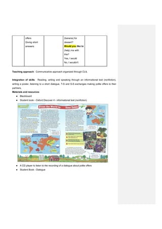 offers
Giving short
answers
(banana) for
dessert?
Would you like to
(help) me with
this?
Yes, I would
No, I wouldn't
Teaching approach: Communicative approach organized through CLIL
Integration of skills: Reading, writing and speaking through an informational text (nonfiction),
writing a poster, listening to a short dialogue, T-S and S-S exchanges making polite offers to their
partners,
Materials and resources:
● Blackboard
● Student book - Oxford Discover 4 - informational text (nonfiction)
● A CD player to listen to the recording of a dialogue about polite offers
● Student Book - Dialogue
 