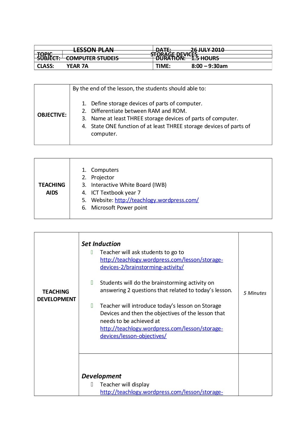 Lesson plan storage devices