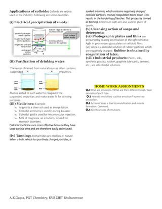 A.K.Gupta, PGT Chemistry, KVS ZIET Bhubaneswar
Applications of colloids: Colloids are widely
used in the industry. Following are some examples:
(i) Electrical precipitation of smoke:
(ii) Purification of drinking water:
The water obtained from natural sources often contains
suspended impurities.
Alum is added to such water to coagulate the
suspended impurities and make water fit for drinking
purposes.
(iii) Medicines: Example-
 Argyrol is a silver sol used as an eye lotion.
 Colloidal antimony is used in curing kalaazar.
 Colloidal gold is used for intramuscular injection.
 Milk of magnesia, an emulsion, is used for
stomach disorders.
Colloidal medicines are more effective because they have
large surface area and are therefore easily assimilated.
(iv) Tanning: Animal hides are colloidal in nature.
When a hide, which has positively charged particles, is
soaked in tannin, which contains negatively charged
colloidal particles, mutual coagulation takes place. This
results in the hardening of leather. This process is termed
as tanning. Chromium salts are also used in place of
tannin.
(v) Cleansing action of soaps and
detergents:
(vi) Photographic plates and films are
prepared by coating an emulsion of the light sensitive
AgBr in gelatin over glass plates or celluloid films.
(vii) Latex is a colloidal solution of rubber particles which
are negatively charged. Rubber is obtained by
coagulation of latex.
(viii) Industrial products: Paints, inks,
synthetic plastics, rubber, graphite lubricants, cement,
etc., are all colloidal solutions.
HOME WORK ASSIGNMENTS
Q.1 What are emulsions? What are their different types? Give
example of each type.
Q.2 How do emulsifiers stabilise emulsion? Name two
emulsifiers.
Q.3 Action of soap is due to emulsification and micelle
formation. Comment.
Q.4 Give four uses of emulsions.
 