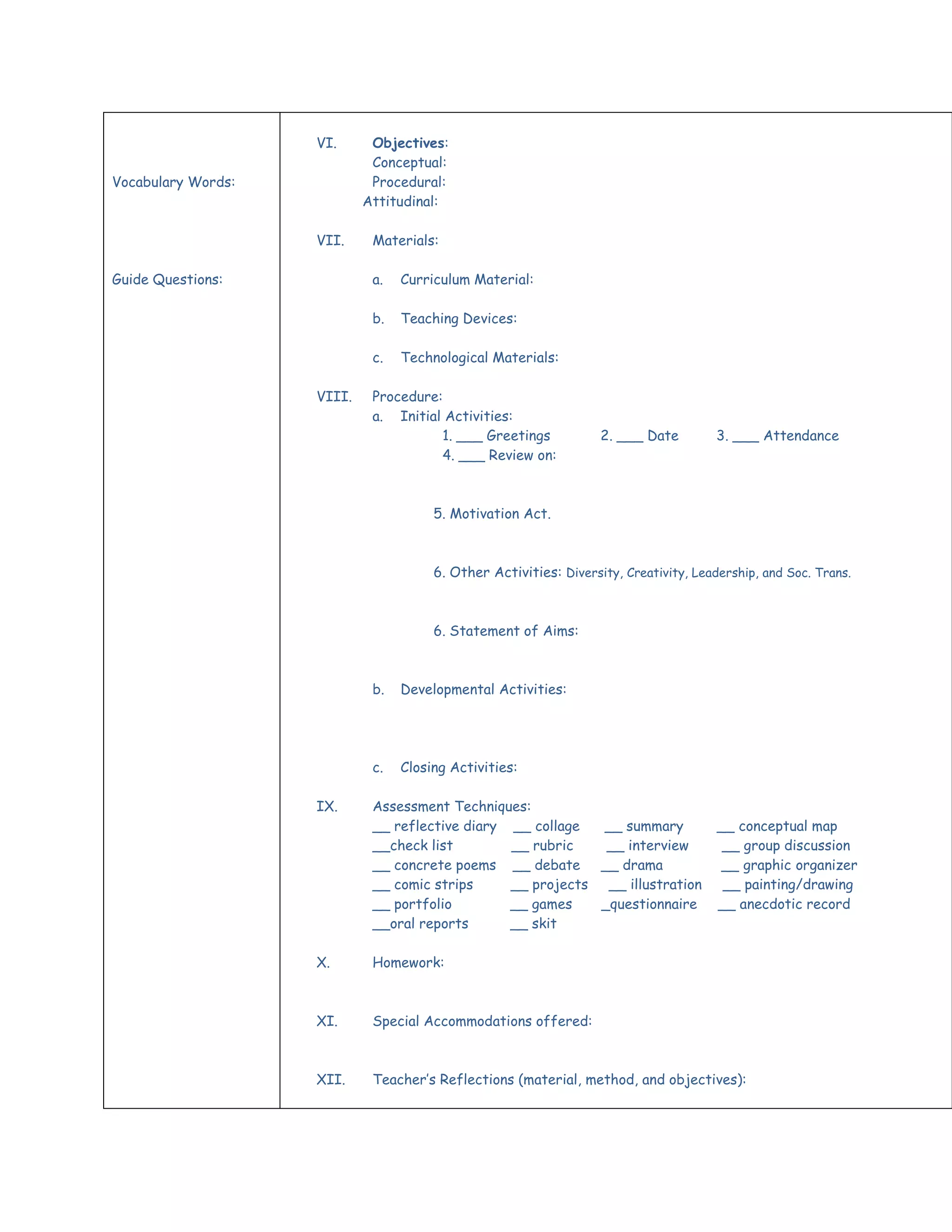 Lesson plan template 12 blue | DOCX | Education