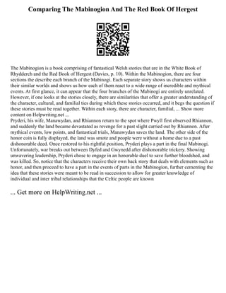 Comparing The Mabinogion And The Red Book Of Hergest
The Mabinogion is a book comprising of fantastical Welsh stories that are in the White Book of
Rhydderch and the Red Book of Hergest (Davies, p. 10). Within the Mabinogion, there are four
sections the describe each branch of the Mabinogi. Each separate story shows us characters within
their similar worlds and shows us how each of them react to a wide range of incredible and mythical
events. At first glance, it can appear that the four branches of the Mabinogi are entirely unrelated.
However, if one looks at the stories closely, there are similarities that offer a greater understanding of
the character, cultural, and familial ties during which these stories occurred, and it begs the question if
these stories must be read together. Within each story, there are character, familial, ... Show more
content on Helpwriting.net ...
Pryderi, his wife, Manawydan, and Rhiannon return to the spot where Pwyll first observed Rhiannon,
and suddenly the land became devastated as revenge for a past slight carried out by Rhiannon. After
mythical events, low points, and fantastical trials, Manawydan saves the land. The other side of the
honor coin is fully displayed, the land was smote and people were without a home due to a past
dishonorable deed. Once restored to his rightful position, Pryderi plays a part in the final Mabinogi.
Unfortunately, war breaks out between Dyfed and Gwynedd after dishonorable trickery. Showing
unwavering leadership, Pryderi chose to engage in an honorable duel to save further bloodshed, and
was killed. So, notice that the characters receive their own back story that deals with elements such as
honor, and then proceed to have a part in the events of parts in the Mabinogion, further cementing the
idea that these stories were meant to be read in succession to allow for greater knowledge of
individual and inter tribal relationships that the Celtic people are known
... Get more on HelpWriting.net ...
 