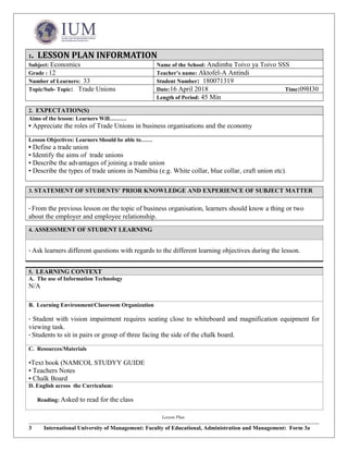 Lesson plan template Economics grade 12 | DOC